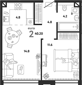 Планировка — Страна.Озерная, 2-комн., 40 м²