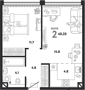 Планировка — Страна.Озерная, 2-комн., 40 м²