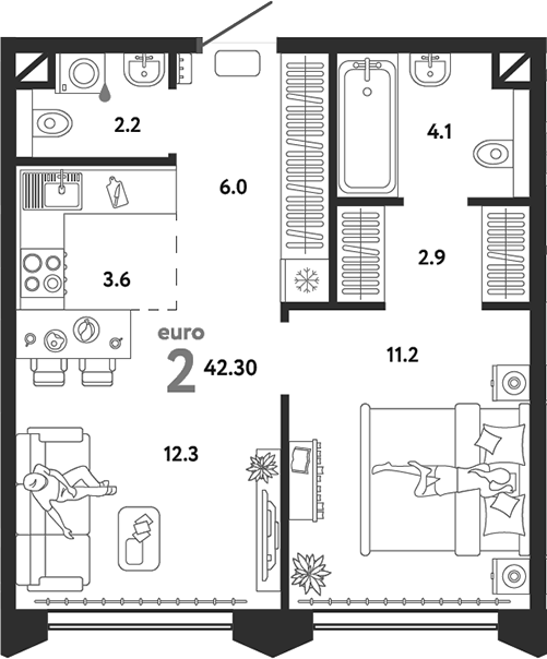 Планировка — Страна.Озерная, 2-комн., 42 м²