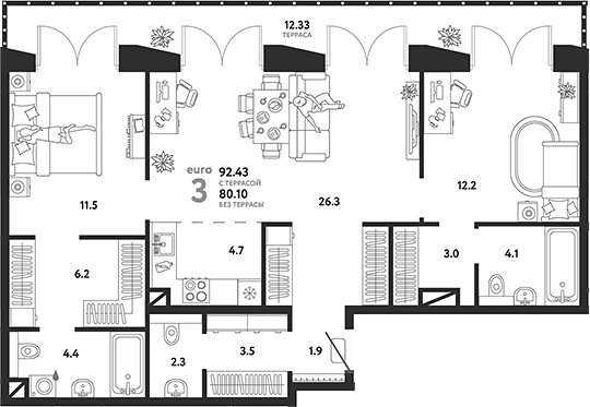 Планировка — Страна.Озерная, 3-комн., 80 м²