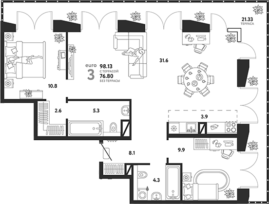 Планировка — Страна.Озерная, 3-комн., 77 м²