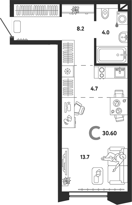 Планировка — Страна.Озерная, Студия, 31 м²