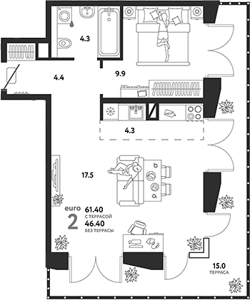 Планировка — Страна.Озерная, 2-комн., 46 м²