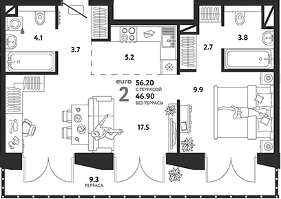Планировка — Страна.Озерная, 2-комн., 47 м²