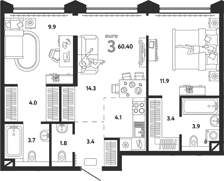 Планировка — Страна.Озерная, 3-комн., 60 м²