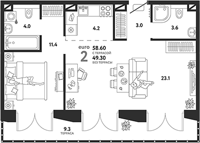 Планировка — Страна.Озерная, 2-комн., 49 м²