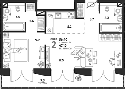 Планировка — Страна.Озерная, 2-комн., 47 м²