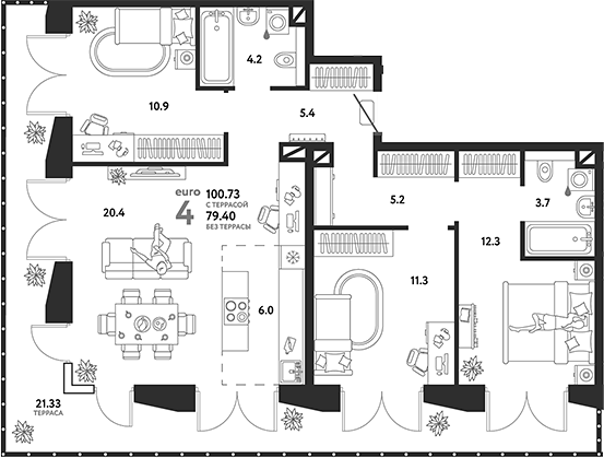 Планировка — Страна.Озерная, 4-комн., 79 м²