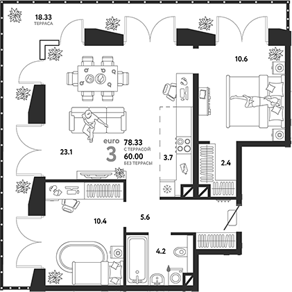 Планировка — Страна.Озерная, 3-комн., 60 м²