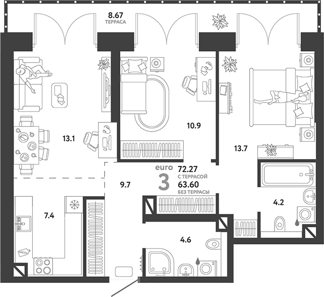 Планировка — Страна.Озерная, 3-комн., 64 м²