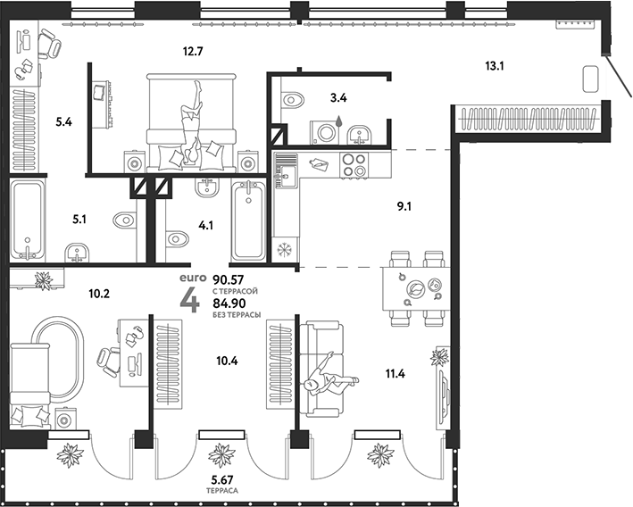 Планировка — Страна.Озерная, 4-комн., 85 м²