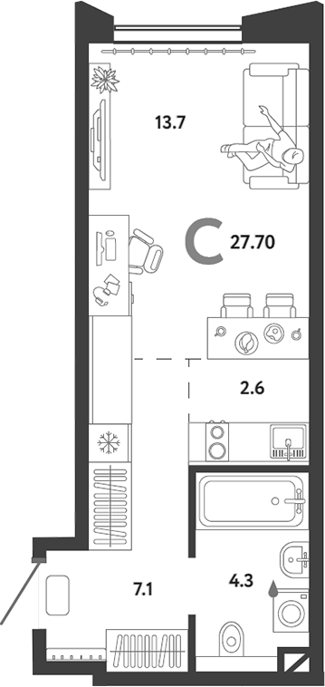 Планировка — Страна.Озерная, Студия, 28 м²