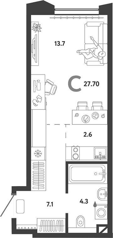 Планировка — Страна.Озерная, Студия, 28 м²