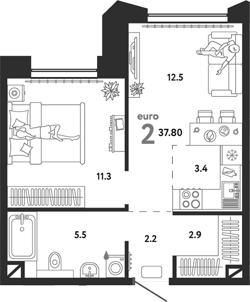 Планировка — Страна.Озерная, 2-комн., 38 м²