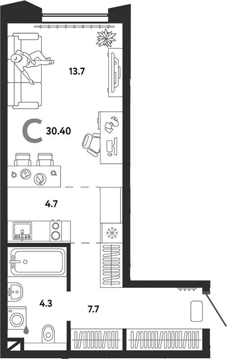 Планировка — Страна.Озерная, Студия, 30 м²
