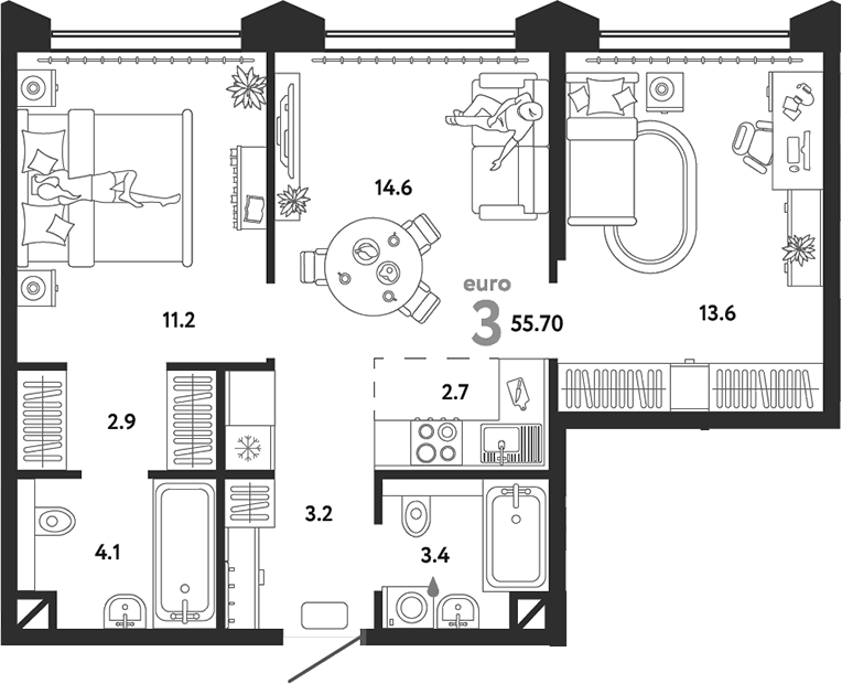 Планировка — Страна.Озерная, 3-комн., 56 м²