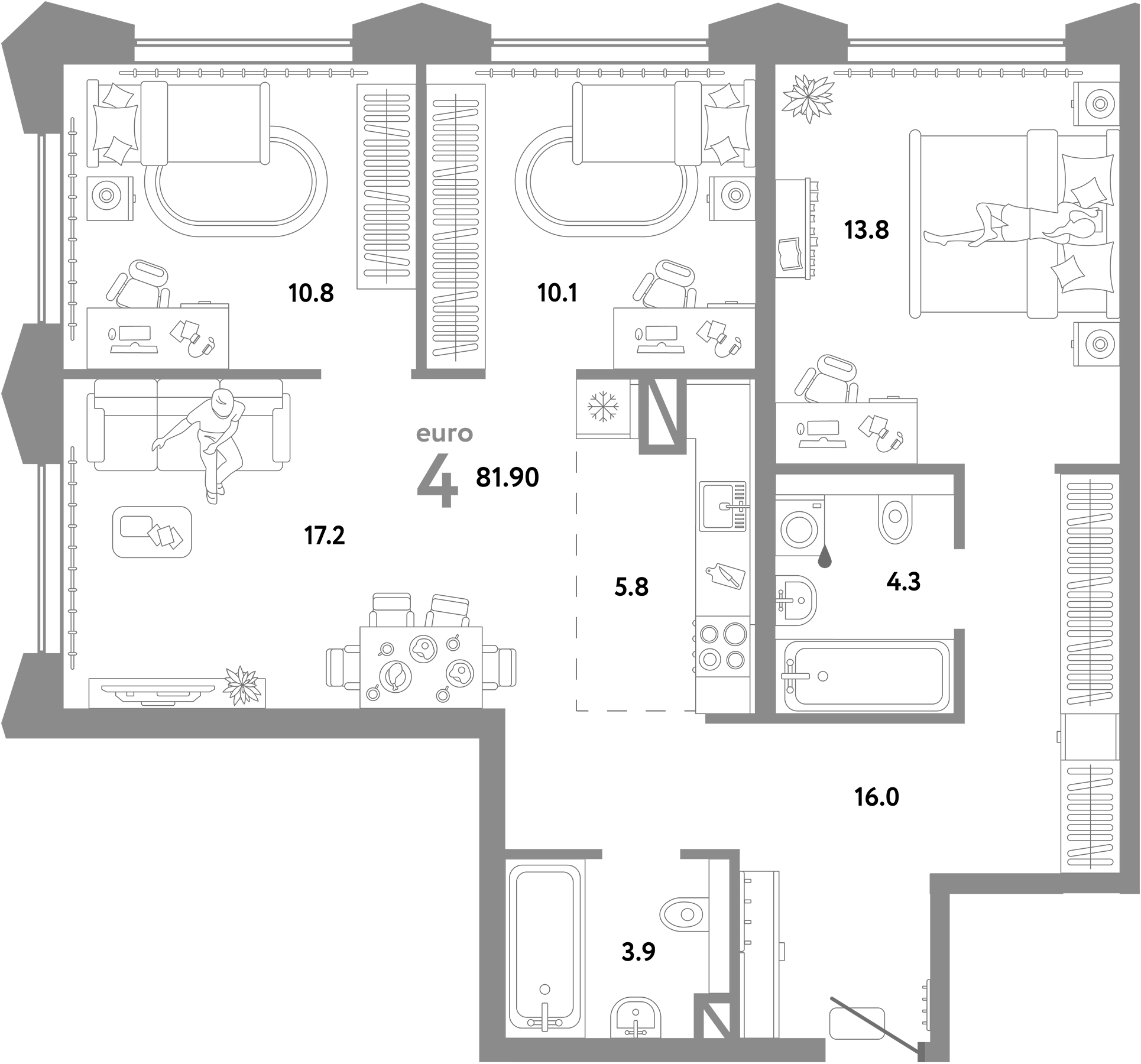 Планировка — Страна.Озерная, 4-комн., 82 м²