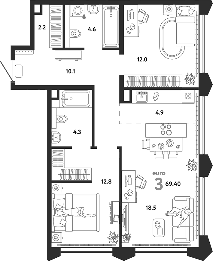 Планировка — Страна.Озерная, 3-комн., 69 м²