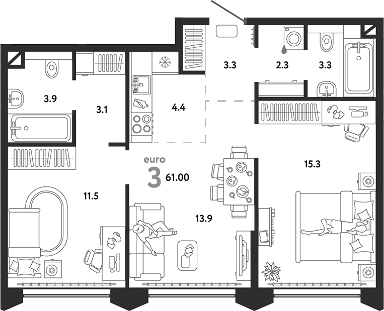 Планировка — Страна.Озерная, 3-комн., 61 м²