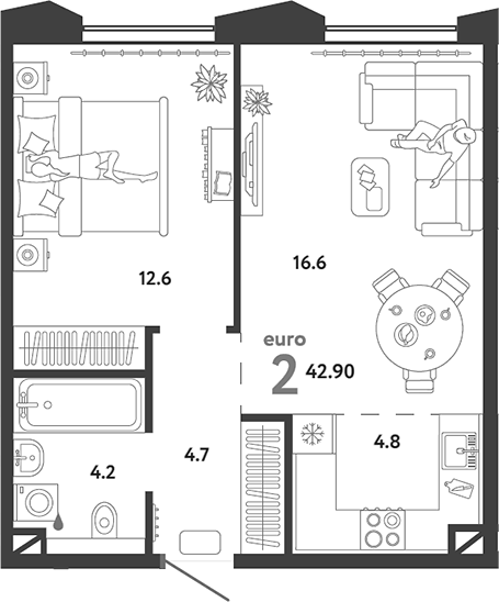 Планировка — Страна.Озерная, 2-комн., 43 м²