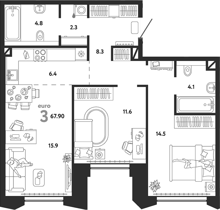 Планировка — Страна.Озерная, 3-комн., 68 м²