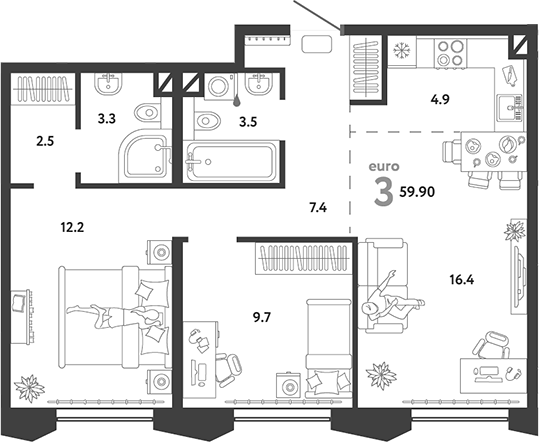 Планировка — Страна.Озерная, 3-комн., 60 м²