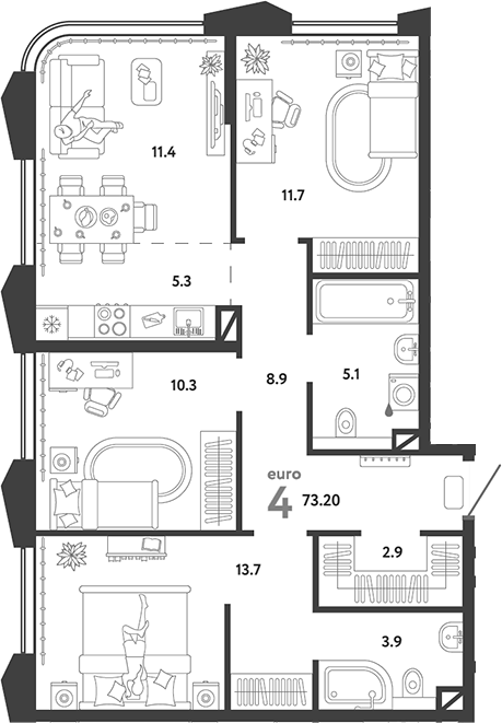 Планировка — Страна.Озерная, 4-комн., 73 м²
