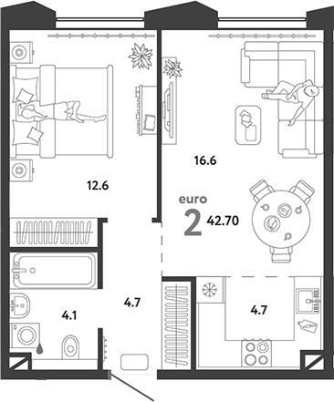 Планировка — Страна.Озерная, 2-комн., 43 м²