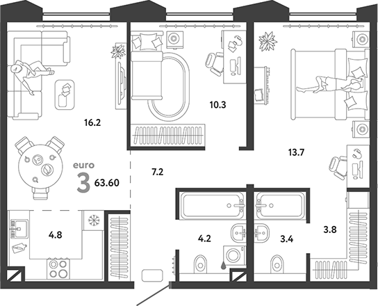 Планировка — Страна.Озерная, 3-комн., 64 м²