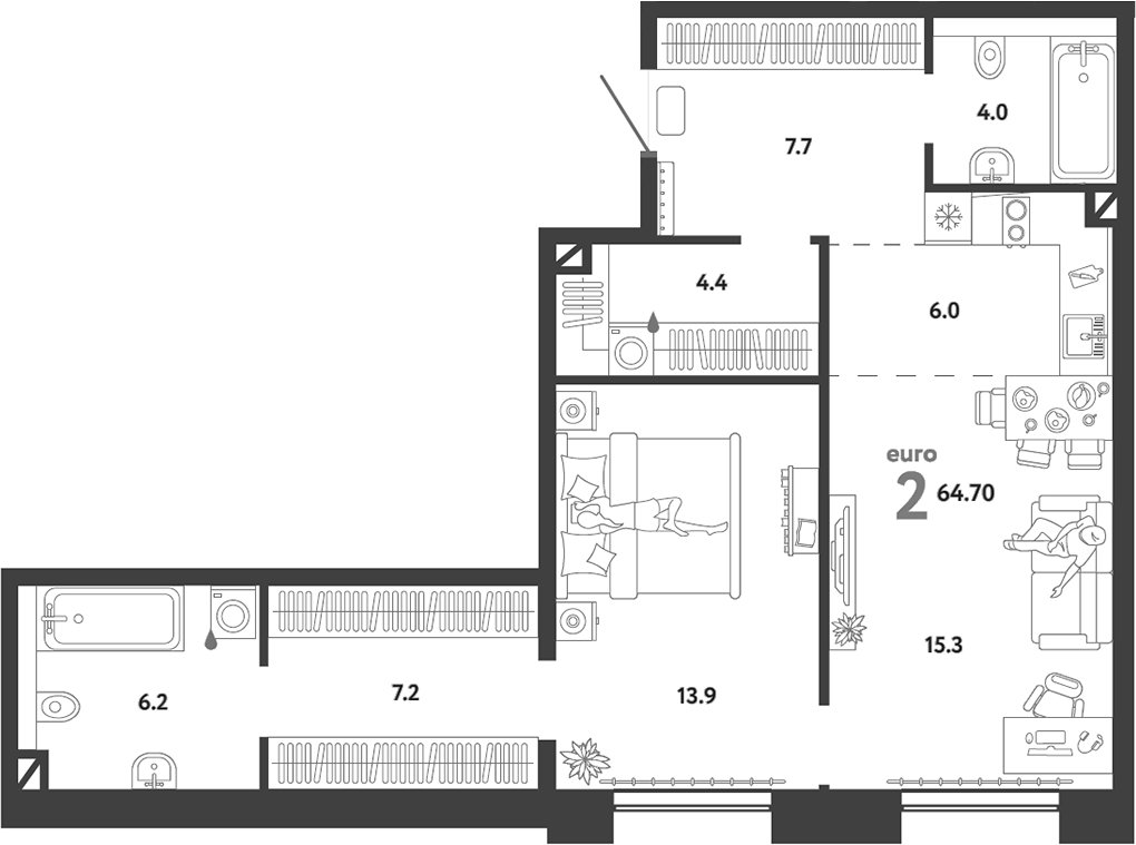 Планировка — Страна.Озерная, 2-комн., 65 м²