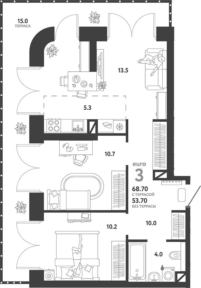 Планировка — Страна.Озерная, 3-комн., 54 м²