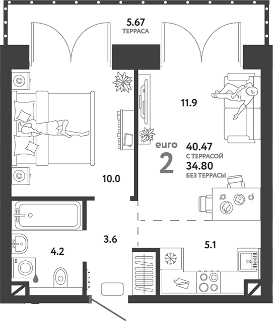 Планировка — Страна.Озерная, 2-комн., 35 м²