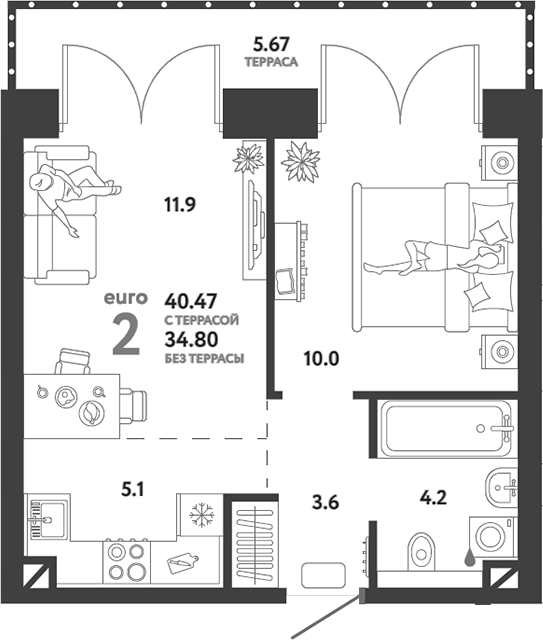 Планировка — Страна.Озерная, 2-комн., 35 м²