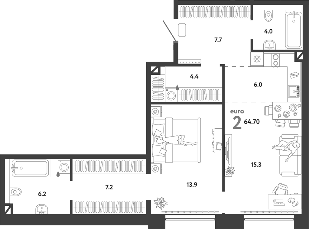 Планировка — Страна.Озерная, 2-комн., 65 м²