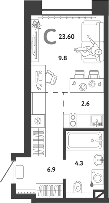 Планировка — Страна.Озерная, Студия, 24 м²