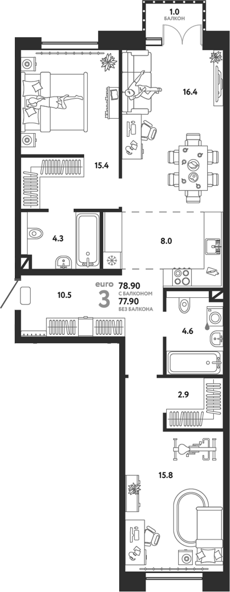 Планировка — Страна.Озерная, 3-комн., 78 м²