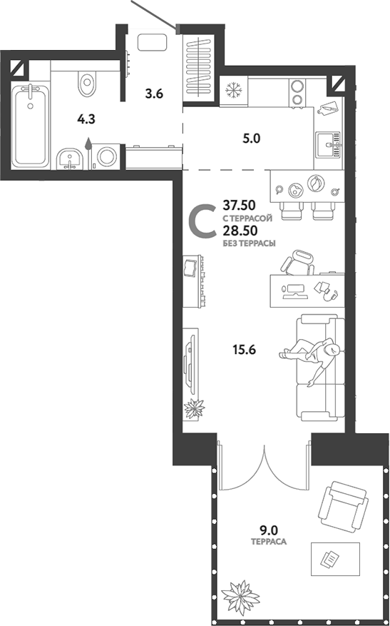 Планировка — Страна.Озерная, Студия, 29 м²