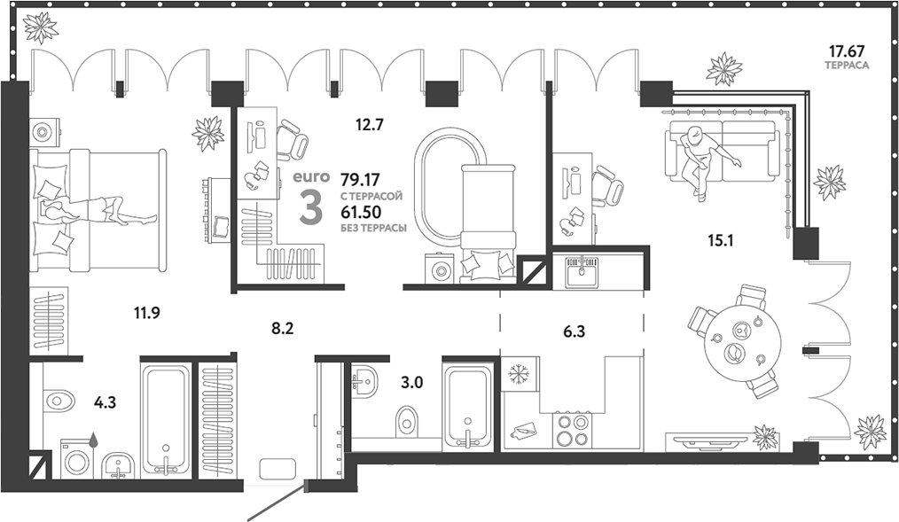 Планировка — Страна.Озерная, 3-комн., 62 м²