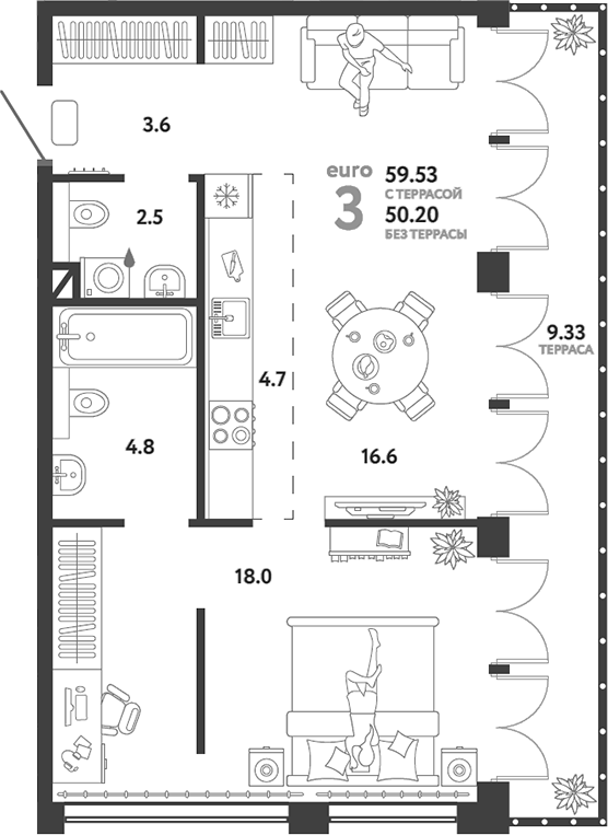 Планировка — Страна.Озерная, 2-комн., 50 м²