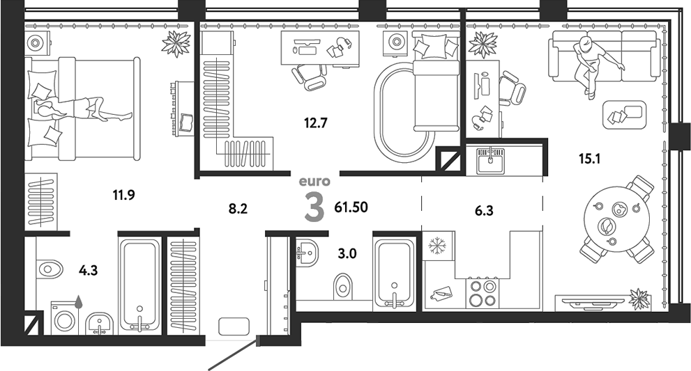 Планировка — Страна.Озерная, 3-комн., 62 м²