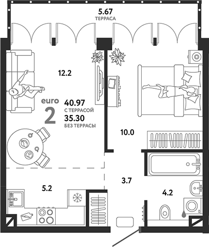 Планировка — Страна.Озерная, 2-комн., 35 м²