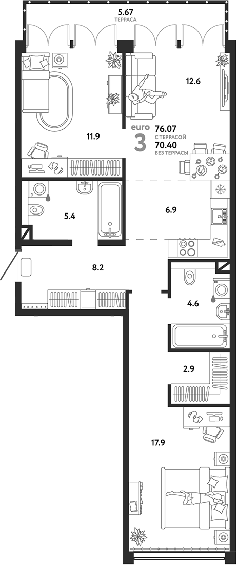 Планировка — Страна.Озерная, 3-комн., 70 м²