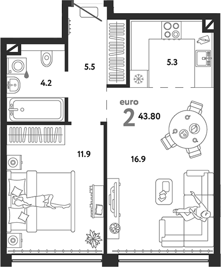 Планировка — Страна.Озерная, 2-комн., 44 м²
