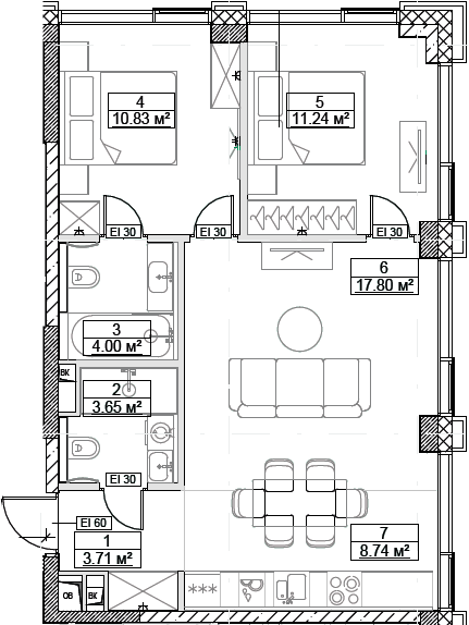 Планировка — Сити Бэй, 3-комн., 60 м²