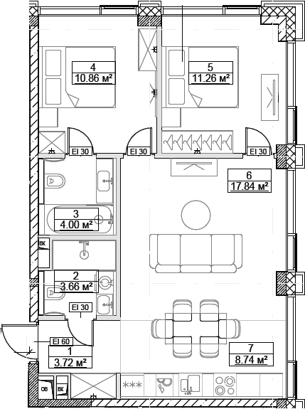 Планировка — Сити Бэй, 3-комн., 60 м²