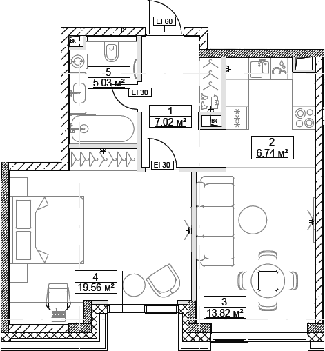 Планировка — Сити Бэй, 2-комн., 52 м²