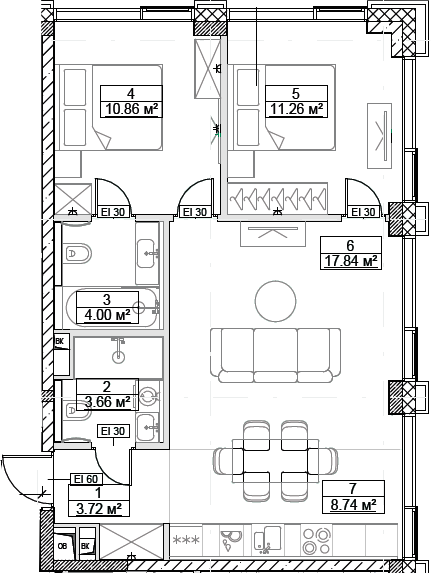 Планировка — Сити Бэй, 3-комн., 60 м²