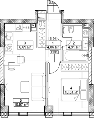 Планировка — Сити Бэй, 2-комн., 38 м²
