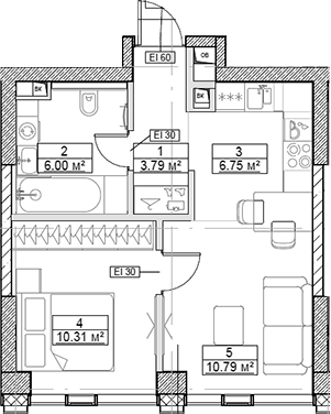 Планировка — Сити Бэй, 2-комн., 38 м²