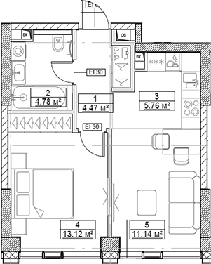 Планировка — Сити Бэй, 2-комн., 39 м²